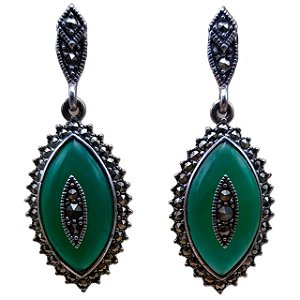 Brinco de Prata 925 com Marcassitas e Pedra Ágata Verde 4 cm