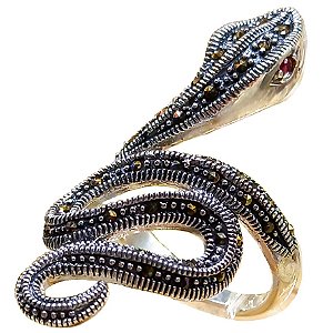 Máxi Anel Cobra Serpente De Prata 925 Com Marcassitas e Rubi Indiano