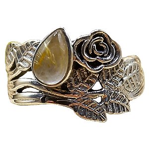 Anel de Prata 925 Flor e Folhas com Gota Quartzo Rutilado 6g