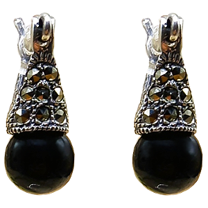Brinco de Prata 925 Marcassitas e Esfera Negra Lady Di