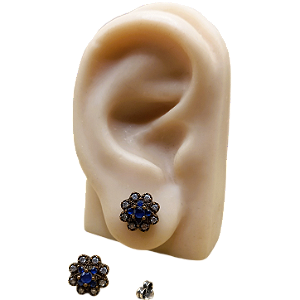 Brinco Turco de Prata 925 e Bronze Flor Azul e Cristal 4,2g