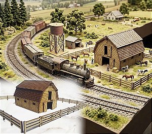 Celeiro com cerca Fazendinha escala HO 1;87 mdf Ferreomodelismo, Maquetes, Dioramas para Pintura