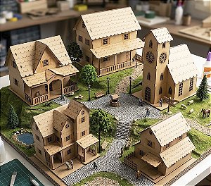Vila Casinhas Igrejinha Decoração escala 1:43 Para Pintura Dobro H0 Maquetes Modelismo MDF