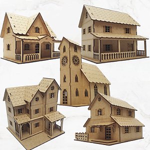 Vila Casinhas Igrejinha Decoração escala 1:43 Para Pintura Dobro H0 Maquetes Modelismo MDF