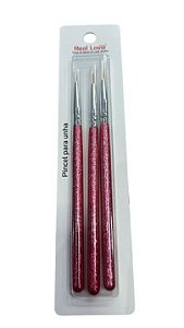 KIT DE 03 PINCEIS PARA DECORAÇAO DE UNHAS FINO REAL LOVE