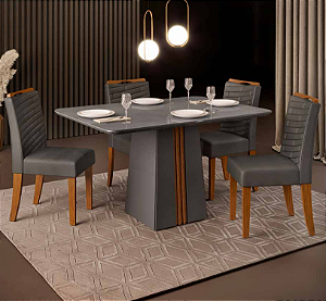 MESA DJ ITALIA 1,2M CINZA URBANO/FREIJO + 4 CADEIRAS JULIA FREIJO/VELUDO LUNAR