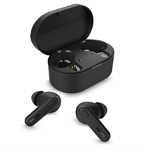 Fone de ouvido sem fio TWS Philips TAT1108BK/00 - bluetooth com microfone, formato em haste, IPX4, energia para 15 horas totais e na cor preto