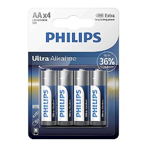 Cartela com 4 Pilhas Philips AA Ultra Alkaline