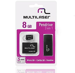 CARTÃO MEMÓRIA 8GB 3 EM 1 PEND/SD/MICRO MULTILASER