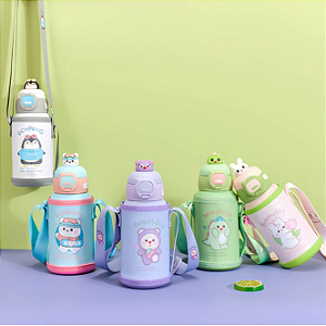 GARRAFA TERMICA DE INOX INFANTIL 500ML COM ALÇA E TAMPA DE BICHINHOS P1567