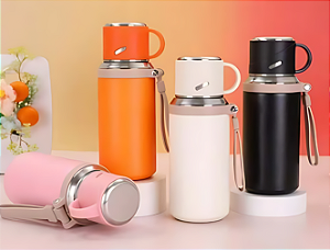 GARRAFA TERMICA DE AÇO INOX C/ ALÇA E TAMPA ROSQUEAVEL 600ML P1800