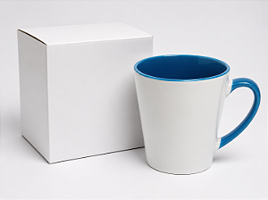 CANECA BRANCA TULIPA CONICA INTERIOR E ALCA AZUL CLARO C/ CAIXINHA AAA