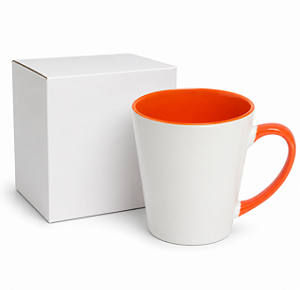 CANECA BRANCA TULIPA CONICA INTERIOR E ALCA LARANJA C/ CAIXINHA AAA