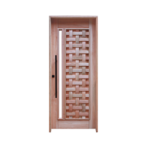 Porta Maciça Couro Trançado com Visor + Fechadura + Puxador + Batente Eicalipto c/Emenda