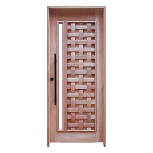 Porta Maciça Couro Trançado com Visor + Fechadura + Puxador + Batente Eucalipto c/Emenda