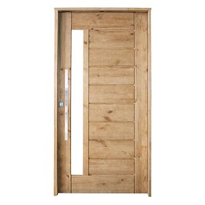 Kit Completo Porta BBV Eco Pivotante 102cm + Fechadura Externa Rolete Com Pux Chato de 80cm Batente Pinus Ecológico Tingido Imbuia de 14cm