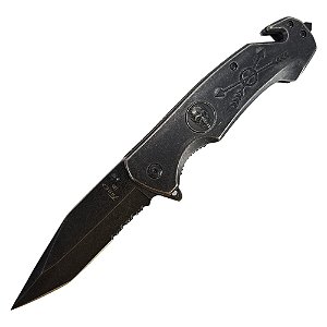 Canivete Semi-automático Lâmina Mista Caveira Total Black