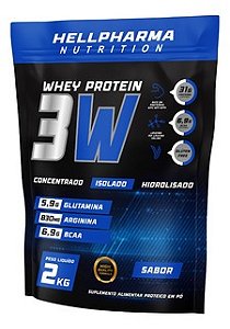 Whey 3W Hellfarma 2 kg refil -Chocolate - Morango- Baunilha-cookies