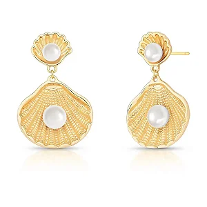 Brinco Pêndulo de Concha Texturizado com Pérola Shell