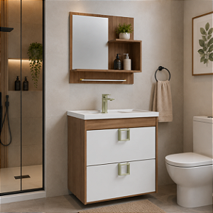 Armário Kit Lírio 59cm Amendoa/Branco com Espelheira MGM