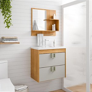 Armário Kit Lírio 59cm Cinamomo/Off White com Espelheira MGM