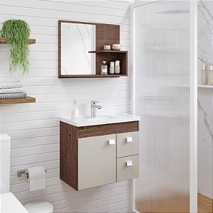 Armário Kit Hortência 55cm Amendoa/Off White com Espelheira MGM