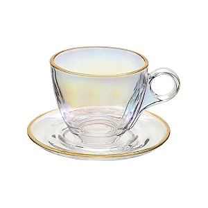 Jogo 4 Xicaras de Chá com 4 Pires Menfis Furta Cor e Dourado