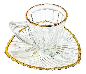 Conjunto 06 Xícaras De Café Com Pires Vidro Filetado Dourado