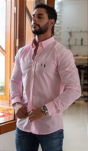Camisa Social R.L Algodão Custom Fit Micro Xadrez Rosa Claro