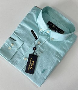 Camisa Social R.L Linho Custom Fit Verde Água Monocromática