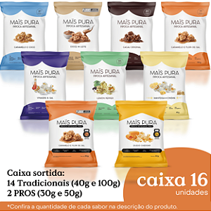 Caixa sortida: 14 Tradicionais (40g e 100g) 2 PROS (30g e 50g)