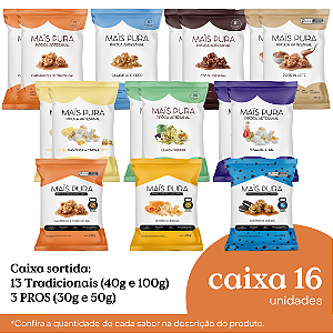 Caixa sortida pipocas grandes: 13 Tradicionais (40g e 100g) 3 PROS (30g e 50g)