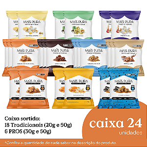 Caixa sortida pipocas pequenas: 18 Tradicionais (20g e 50g) e 6 PROS (30g e 50g)