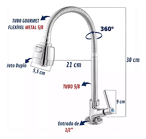 Torneira Gourmet Cozinha Flexível 1/4 de Volta Chuveirinho Cromado (Instalação Bancada da Pia)
