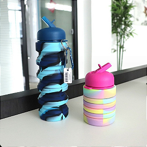 GARRAFA SILICONE RETRÁTIL DOBRÁVEL PORTÁTIL DE 250ML A 500ML COLORIDA