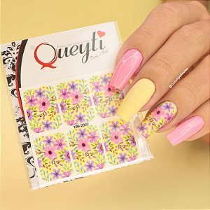 Adesivos de unhas floral lilás e rosa com fundo amarelinho
