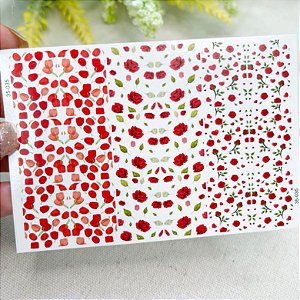 Adesivos de unhas flores vermelhas com folhas verdes 35-035