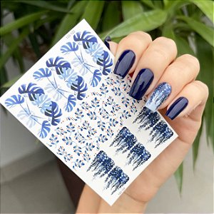 Adesivos de unhas floral com folhas azul escuro
