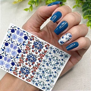 Adesivos de unhas floral azul e terracota