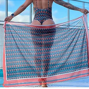 Canga Estampada Bambu Modas Azul/Laranja/Preto