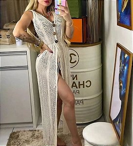 Saida De Praia Longa Botão Creme