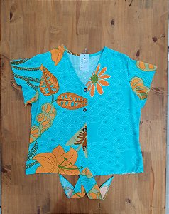 Blusa Viscose Azul Estampada Botão M