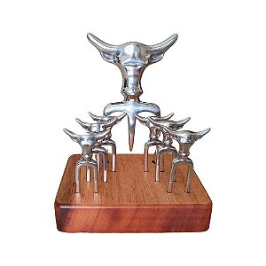 Garfo Tridente com 6 garfinhos para petisco com suporte de madeira