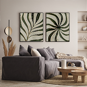 Conjunto com 2 Quadros FineArt Abstrato com Folhas Tropicais