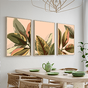 Conjunto com 3 quadros FineArt Botânicos Abstratos com Folhas Grandes