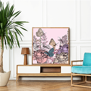 Quadro FineArt Ilustração com Flores de Rosa e Borboletas