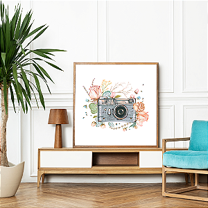 Quadro FineArt Ilustração de Câmera Fotográfica com Flores