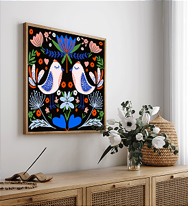 Quadro FineArt Ilustração Flores e Pássaros Simétrico no Fundo Preto