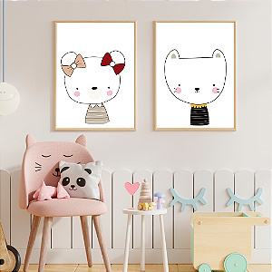 Conjunto com 2 quadros FineArt Infantil Ursa e Gatinha Bebê