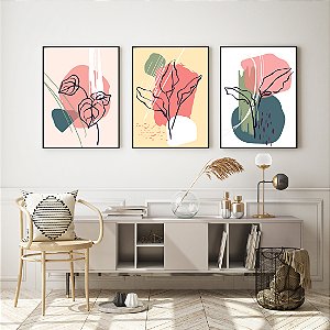 Conjunto com 3 quadros FineArt Abstrato Botânica e Formas Curvas